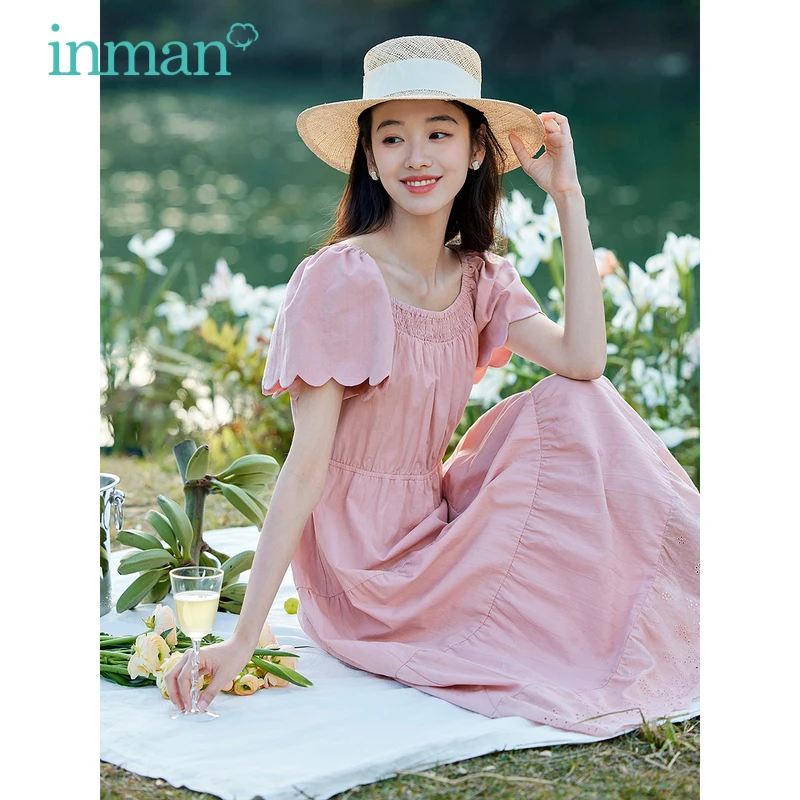 

INMAN Women Dress 2023 Summer Wave Short Sleeve Pleated Round Neck A-shaped Elastic Waist Hollow Lace Pleated Design Pink Skirt
