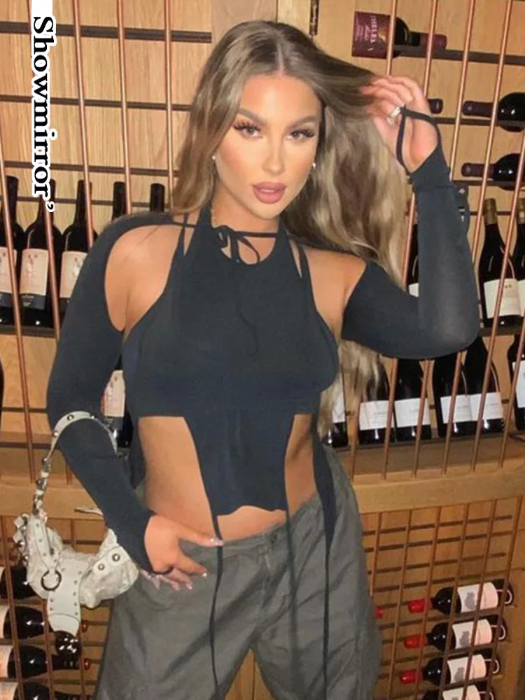 

ShowmirrorIrregular Hollow Out Bandage Sexy Woman Tshirt Solid Black Goth Techwear Slim Long Sleeve Cropped Hooded Sweat Shirts