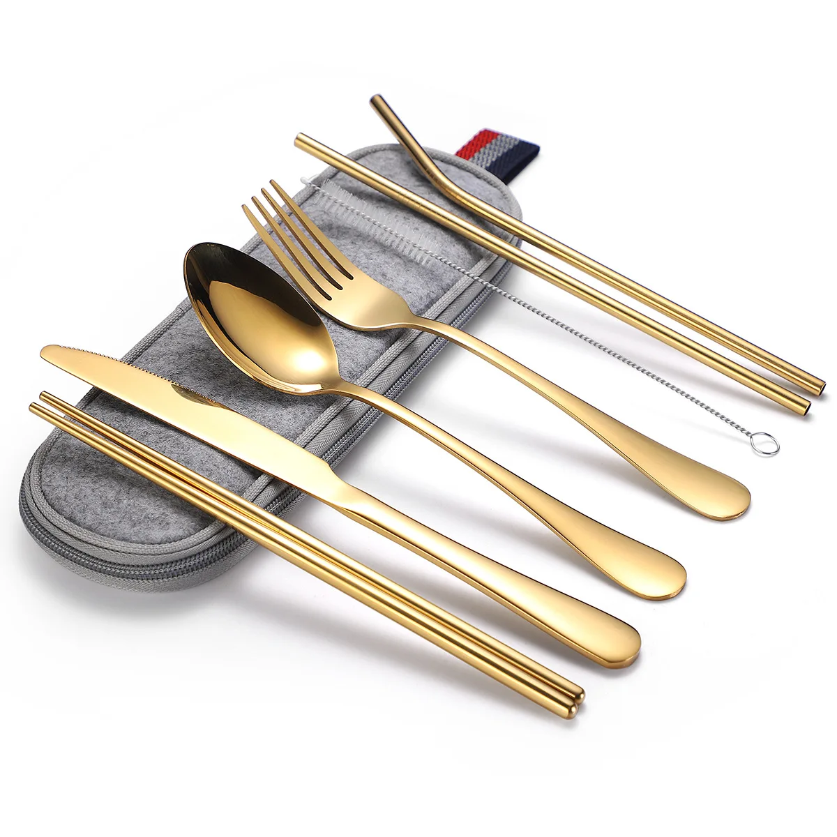 

Gold Silverware Set Stainless Steel Portable Polish Tableware Set 7 Sets Fork Spoon Knife Chopsticks Straws Utensils With Bag