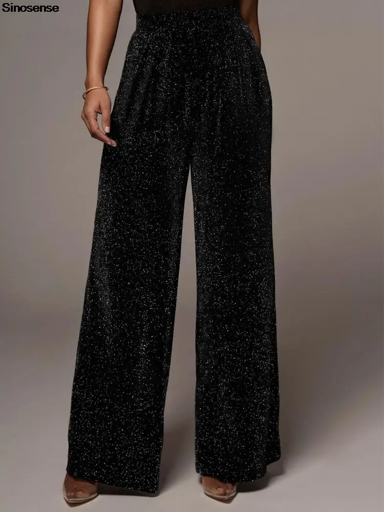 

Shiny Sequin Sequin Sparkle Wide Leg Pants Women Elastic High Waist Palazzo Lounge Pants Casual Loose Bell Bottoms Trousers