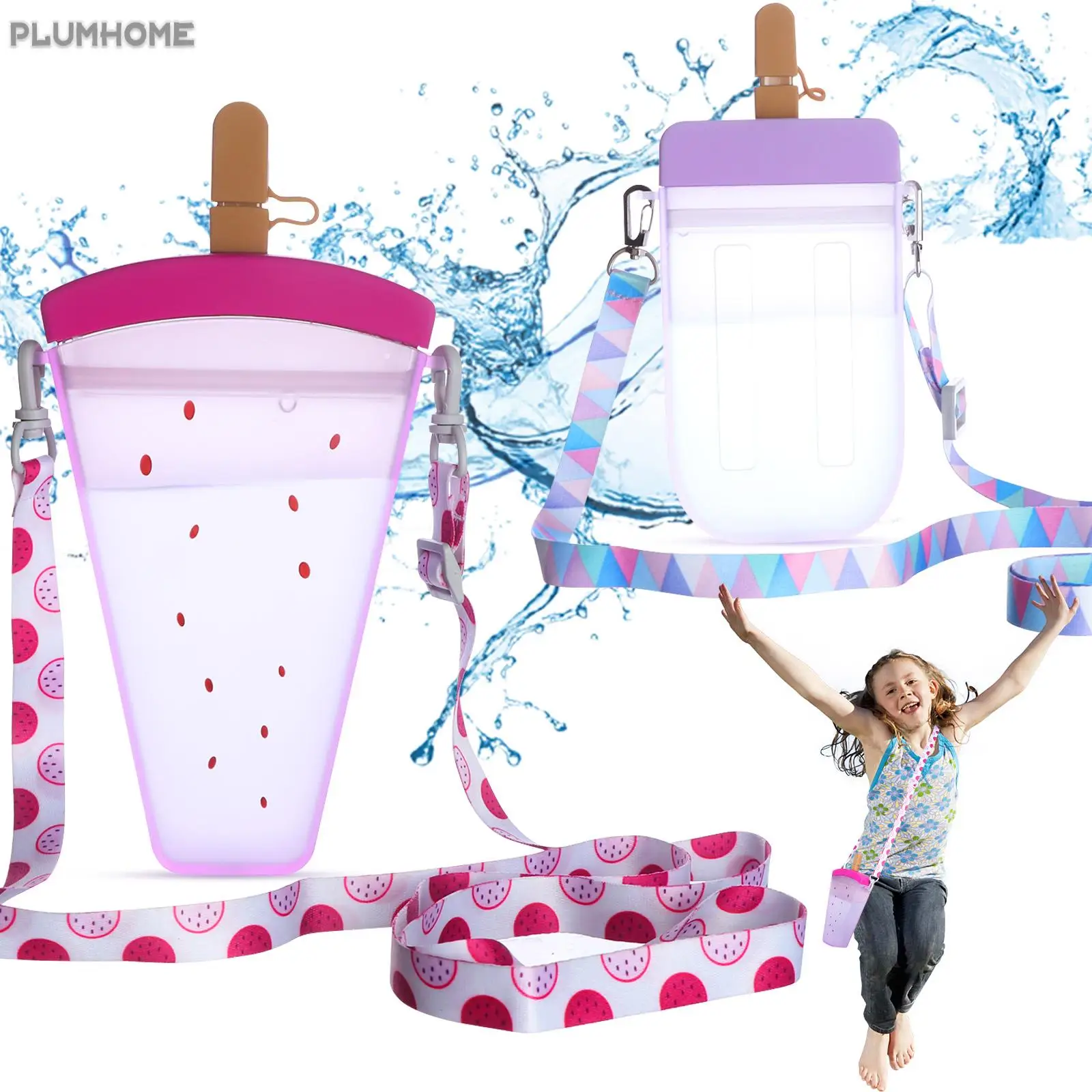 

2 Pcs Creative Popsicle Water Bottle with Straw Cute Ice Cream Watermelon Shape Anti-fall Portable Popsicle Cup Kids Water