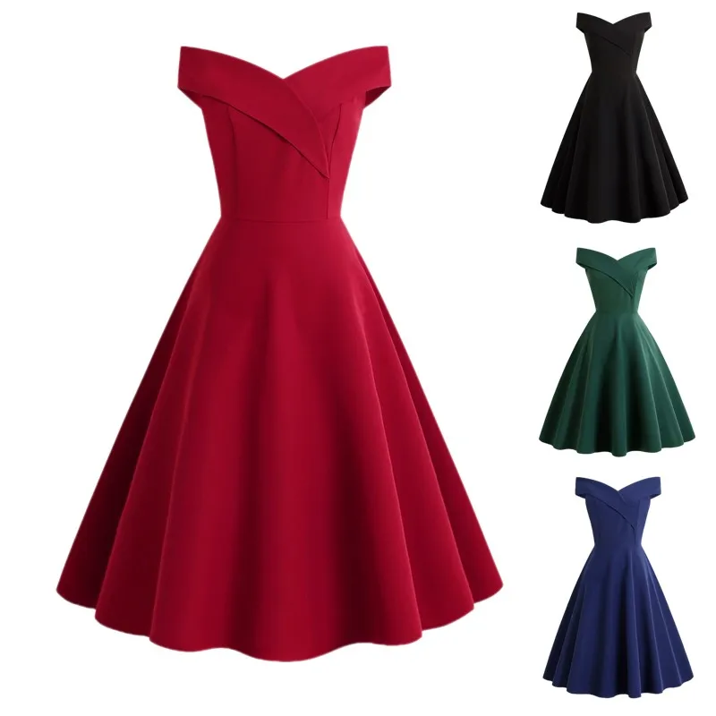 Женское винтажное платье Хепберн белое с вырезом лодочкой пышной юбкой качели в