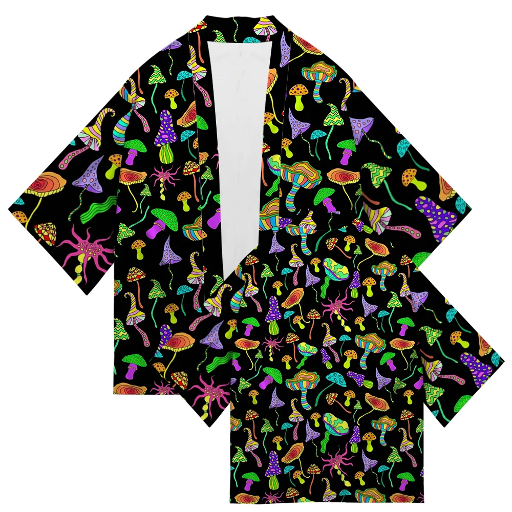 Japanese Kimono Traditional Mushroom Print Cardigan Asian Clothing Harajuku Samurai Yukata Men's Shirts Hip Hop Streetwear 2022