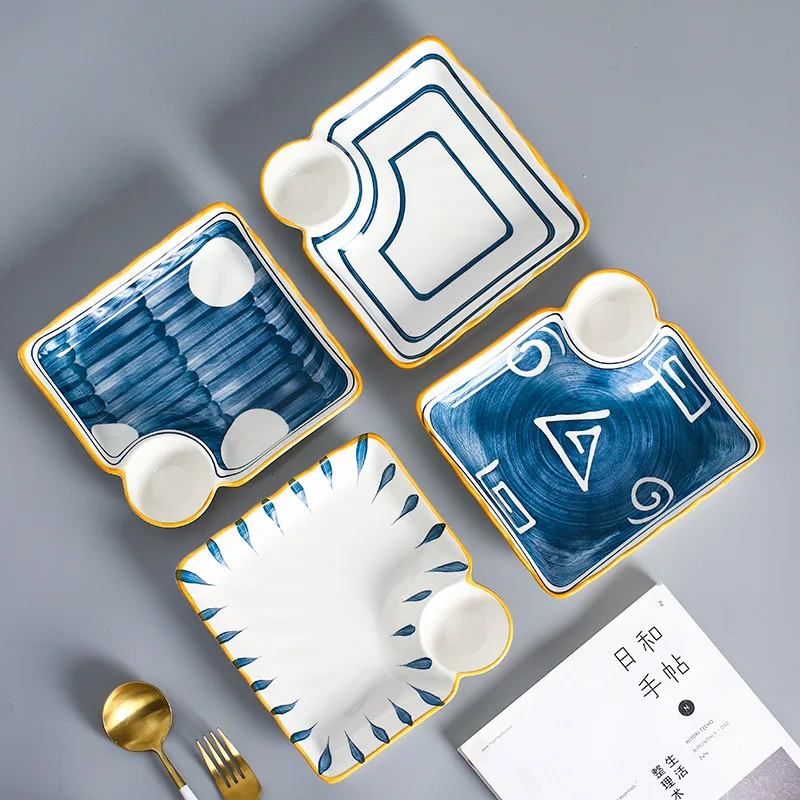 

Hand-painted jiaozi square multifunctional breakfast plate