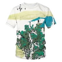 chinese style ink paint t shirt 3d print casual round neck tshirts loose summer short sleeve top loose breathable shirts