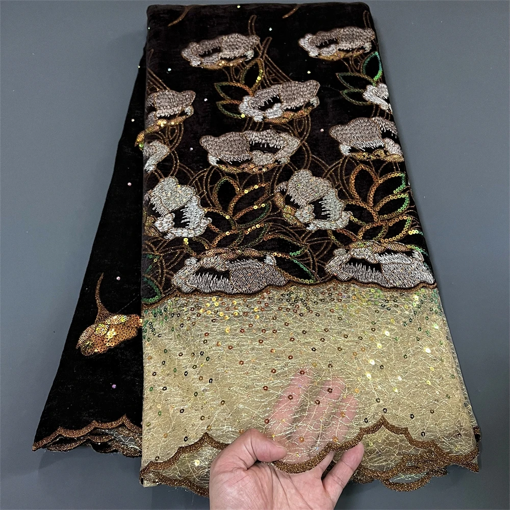 2024 Африканский нигерийский Высококачественный кружевной материал для шитья, бархатные блестки, вышитый шнур из гипюра, искусственное свадебное платье 5 ярдов hz1264