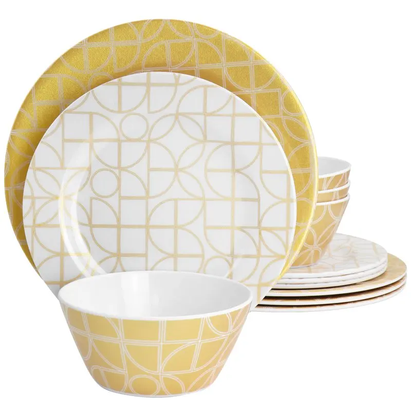 

California Designs Summer Bloom 12 Piece Melamine Dinnerware Set in Gold