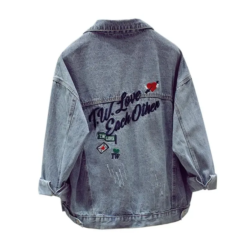

Denim Jacket Women's 2023 Spring New Loose Embroidered Lapel Long-Sleeved Short Style Fashion All-Match Jackets Top Female Coats