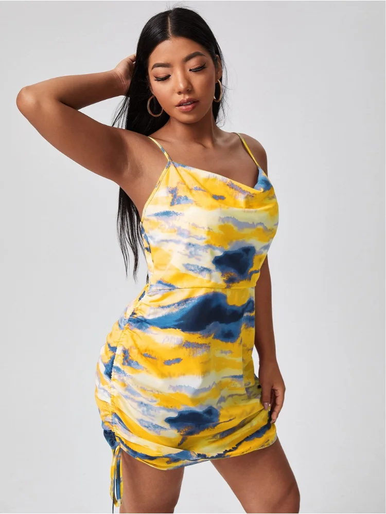 Spot fat mm temperament commuting waist strap type short skirt yellow tie-dye printed strap dress plus size summer dresses