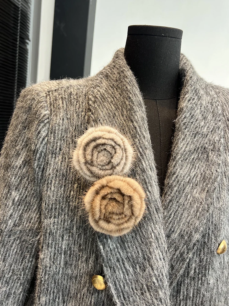 Брошь из натурального меха норки с цветком женская простая модная