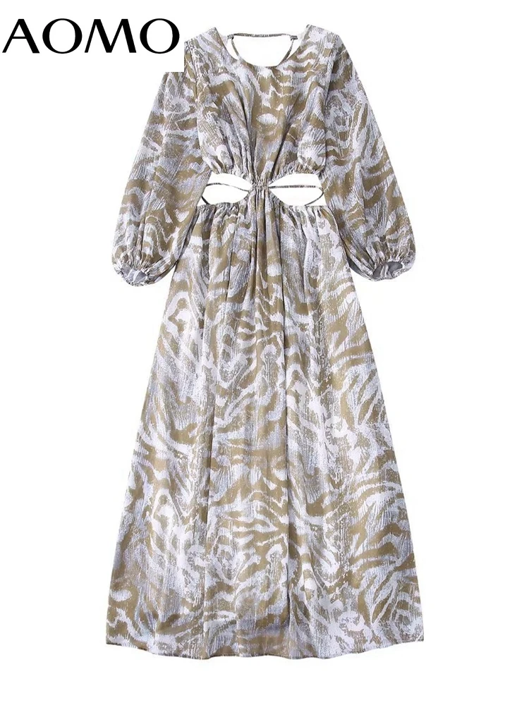 

AOMO 2022 Fashion Women Cut-out Print Long Dress Backless Long Sleeve Ladies Sexy Beach Dress BE307A