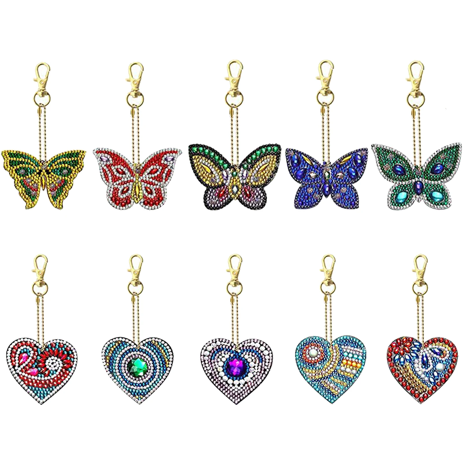 

10pcs Diamond Keychain Rhinestone Cute Adult Double Sided Kids Bag Decor Purse Butterflies Heart Key Ring 5D DIY Full Drill Gift