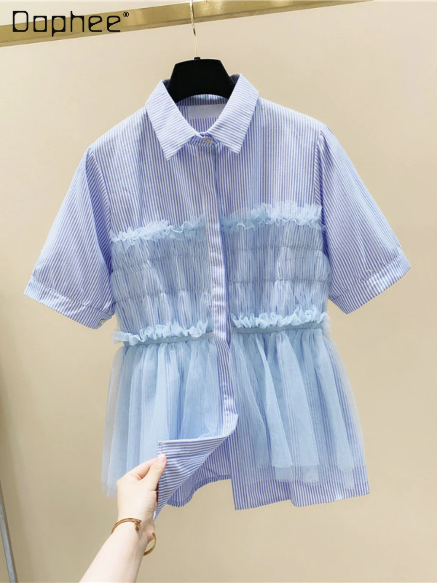

Mesh Stitching Slimming Striped Blue Shirts for Women 2022 Summer New Elegant Woman Short Sleeve Tops and Blouses Streetwear
