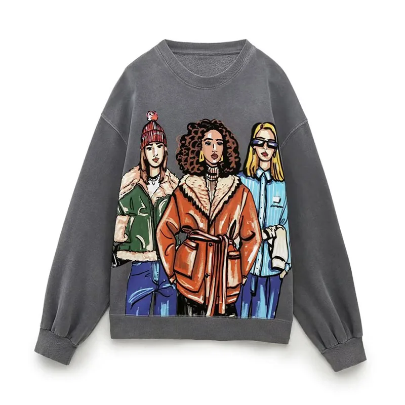 

Women 2023 New Fashion Character Print Fleece Sweatshirts Vintage O-Neck Long Sleeves Casual Female Pullovers Tops