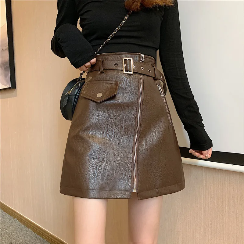 

Уличная стильная юбка из искусственной кожи для женщин, модная мини-юбка на молнии с высокой талией, уличные юбки для молодых девушек, 2022