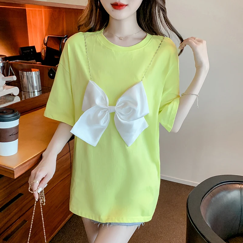 

Cotton Large Size Women's T-shirt Summer Top Bow Short Sleeve 2022 New Loose Tees Fashion Female O-Neck Casual T Shirt