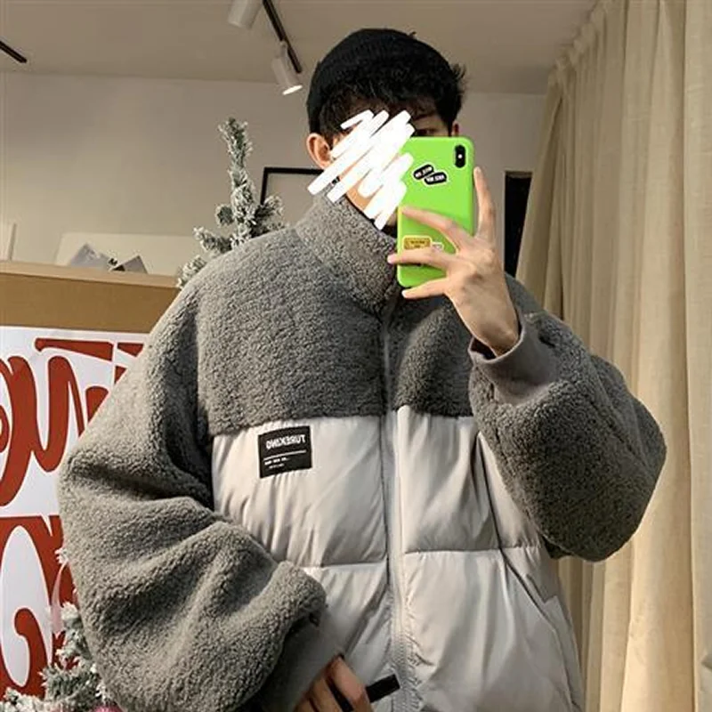 Y2K Emo Men Streetwear Winter Zip Up Padded Jacket Lamb Wool Plus Velvet Jackets Warm Bubble Mens Coats Puffer Coat Alt Clothing