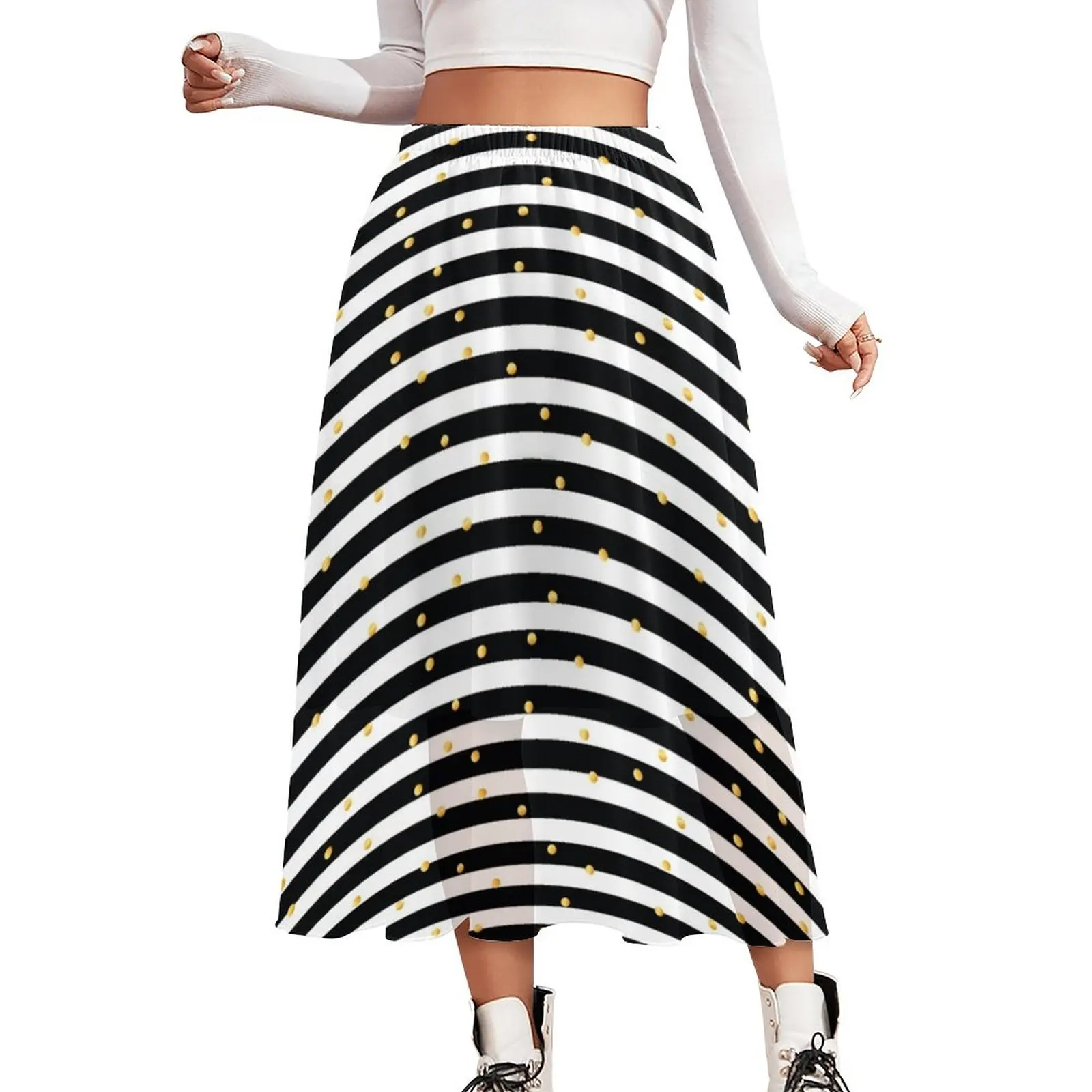 

Gold Dots And Stripes Skirt Modern Art Print Elegant Boho Skirts Elastic Waist Printed Street Fashion A-line Skirt Large Size
