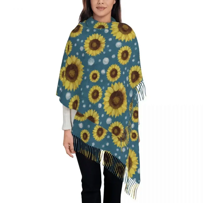 

Womens Tassel Scarf Vintage Sunflower Pattern Long Winter Warm Shawl And Wrap Bohemian Daily Wear Pashmina Scarves