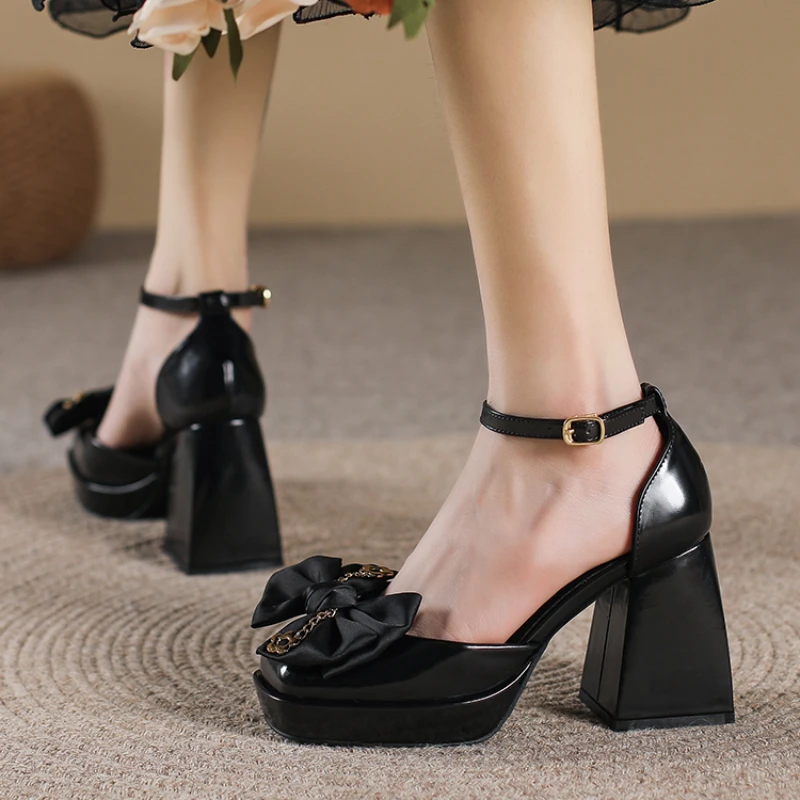 White Platform Heels Women Chunky Heel Mary Jane Sandals Summer 2023 New Bow Elegant Heeled Pumps Buckle Women' Wedding Shoes