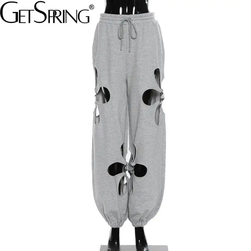 

Весенне-летние женские брюки GetSpring, свободные серые длинные брюки с вырезами и эластичной талией для отдыха и спорта, Новое поступление 2022