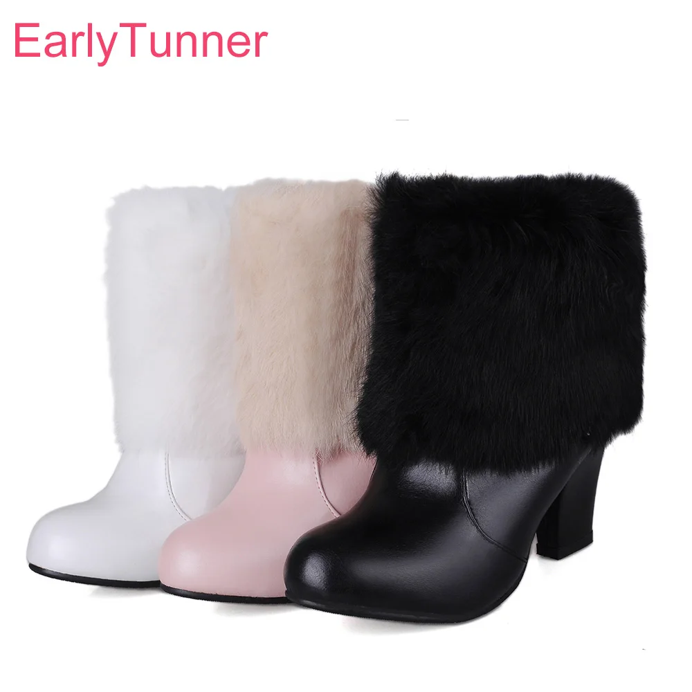 

Brand New Hot Sales Winter Black White Women Nude Snow Boots Comfortable Lady Furry Shoes High Heels EBH6 Plus Big Size 10 33 44