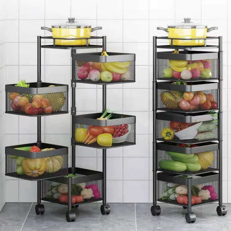 Floor Mounted Multilayer Kitchen Storage Rack Rotating Basket Drawer Rolling Trolley Vegetable Fruit Rack Organizer