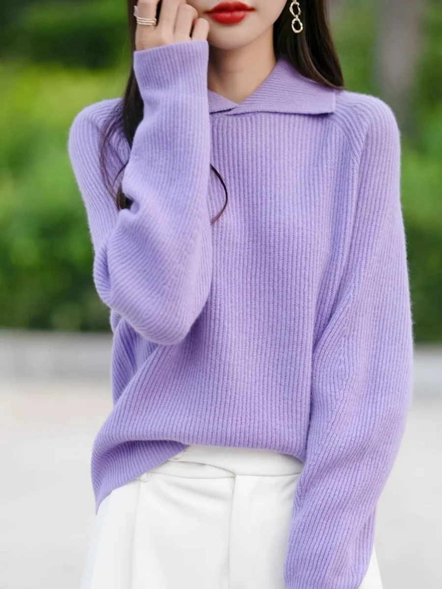 Тяжелый утолщенный свитер с лацканами женский теплый вязаный длинными рукавами