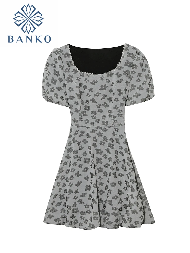 

Summer French Elegant Dress Women Vintage Flower Print Square Collar Mini Frocks Sexy Hollow Out Big Bow A-line Vestidos Female
