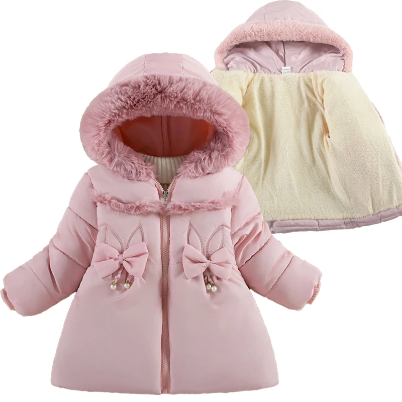 Зимняя куртка для маленьких девочек 1-4 лет меховой воротник милый бант бархатная