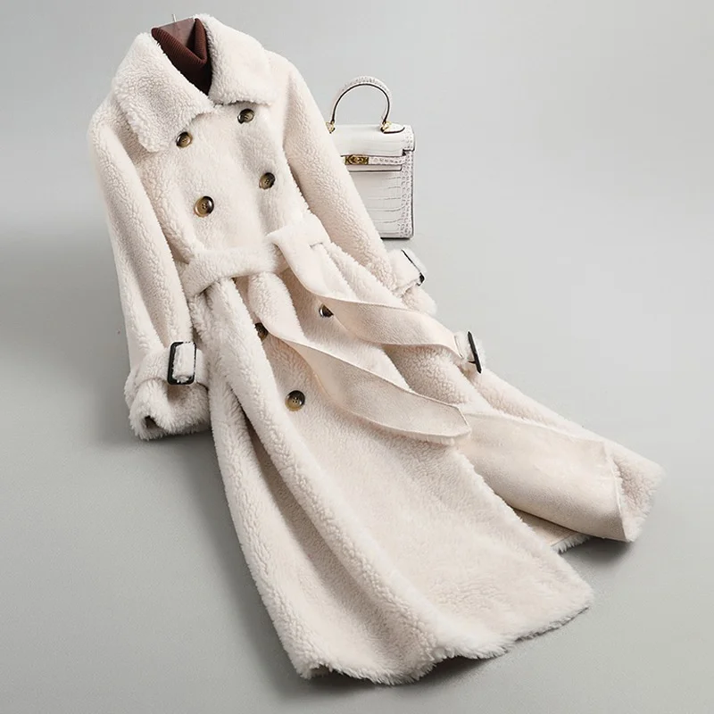 Fashion Winter Grainy Shearing Coat Ladies Wool Coat Ladies Elegant Double-breasted Long Warmth Ladies Casual Lambskin Coat