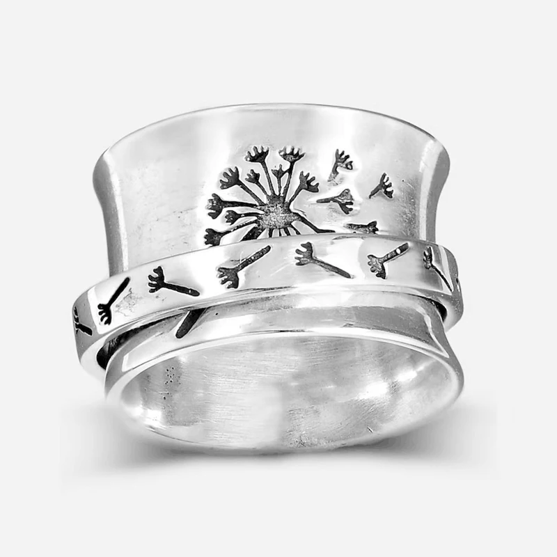 

Carofeez 2023 Vintage Carved Dandelion Rings For Women Jewelry Accessories Trend Rotatable Flower Silver Color Ring Party Gift