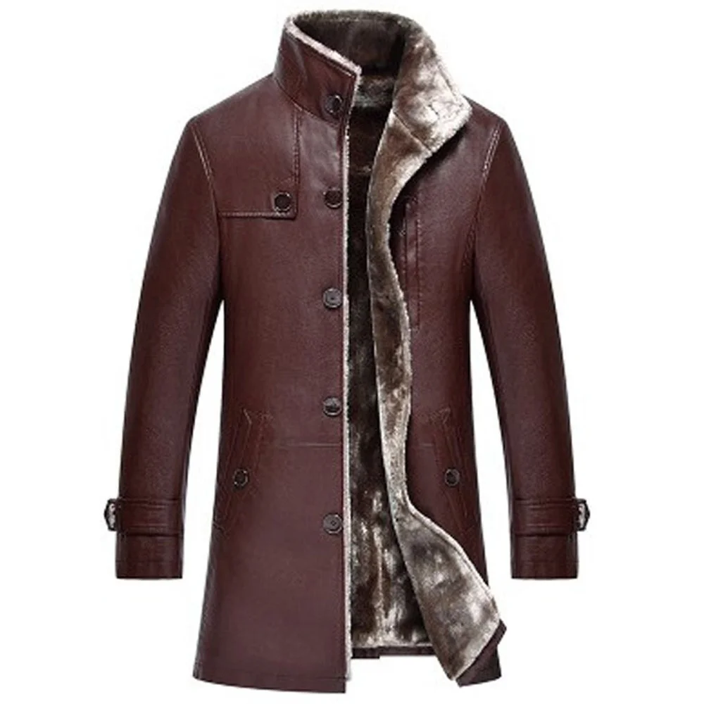 

Тренчкот с искусственным мехом на подкладке для мужчин, мужская верхняя одежда из смешанной шерсти, зимнее плотное теплое бархатное пальто, кожаная ветровка, 5XL