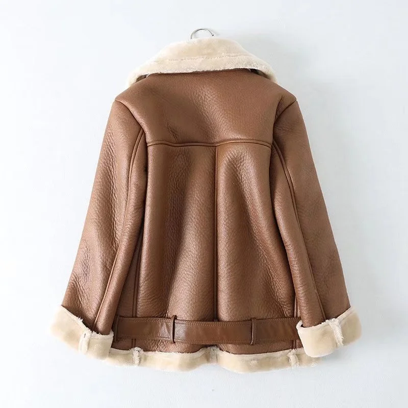 Warm Women Faux Fur Jacket 2022Winter Casual Streetwear Leather Buckle Solid Comfortable Fashion Loose Female Thick Outwear