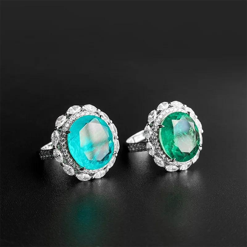

Serenity Day Solid S925 Sterling Silver Round 12*14mm Paraiba Emerald Gemstone High Carbon Diamond Rings for Women Jewelry Gifts