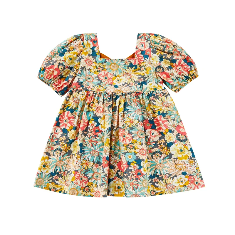 

Baby Girl Short Sleeve Pastoral Style Dress Flower Print Back Cross Straps Infants Summer A-Line Dress