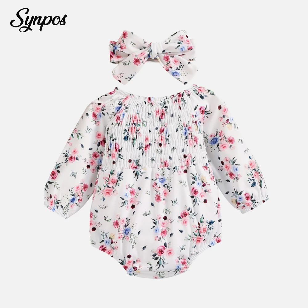 

Осенний Белый Детский комплект Synpos, милое боди с цветочным рисунком для девочек от 0 до 24 месяцев + комплект с повязкой на голову, модные комб...