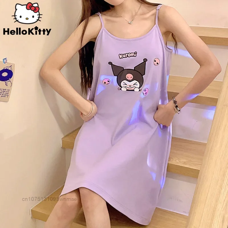 Пижама Sanrio Camisole для женщин Милая Ночная рубашка Kuromi с мультяшным рисунком и
