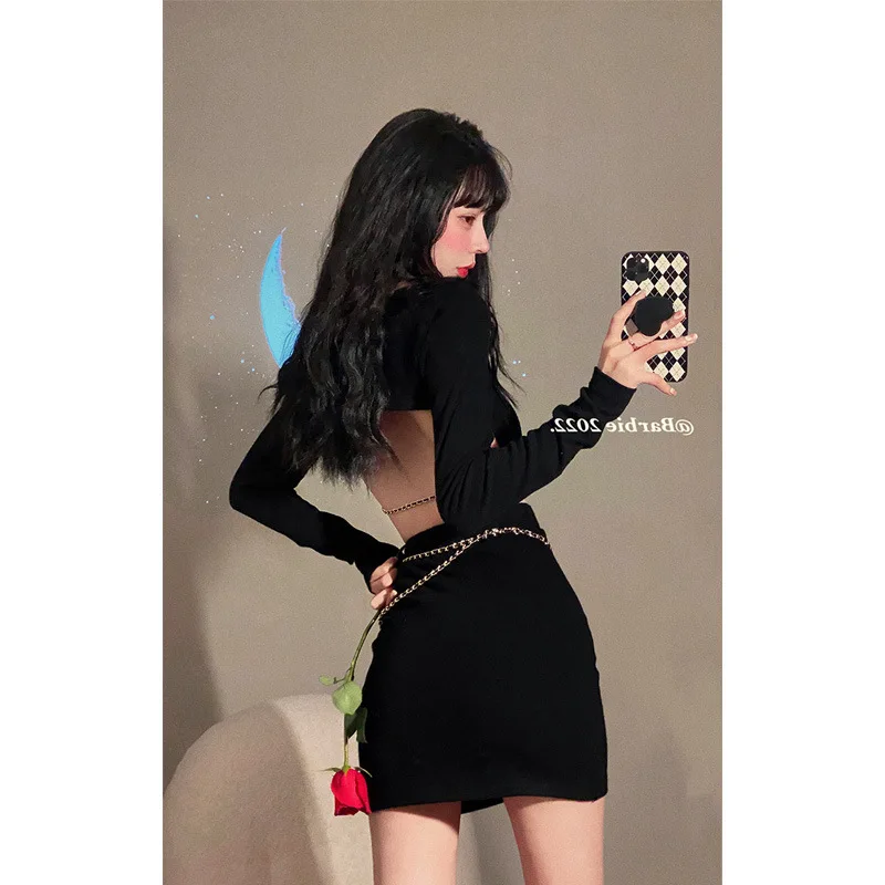 

Backless knitted dress women's spring dress new design feeling sexy with peach heart chain V-neck short skirt fashionvestidos
