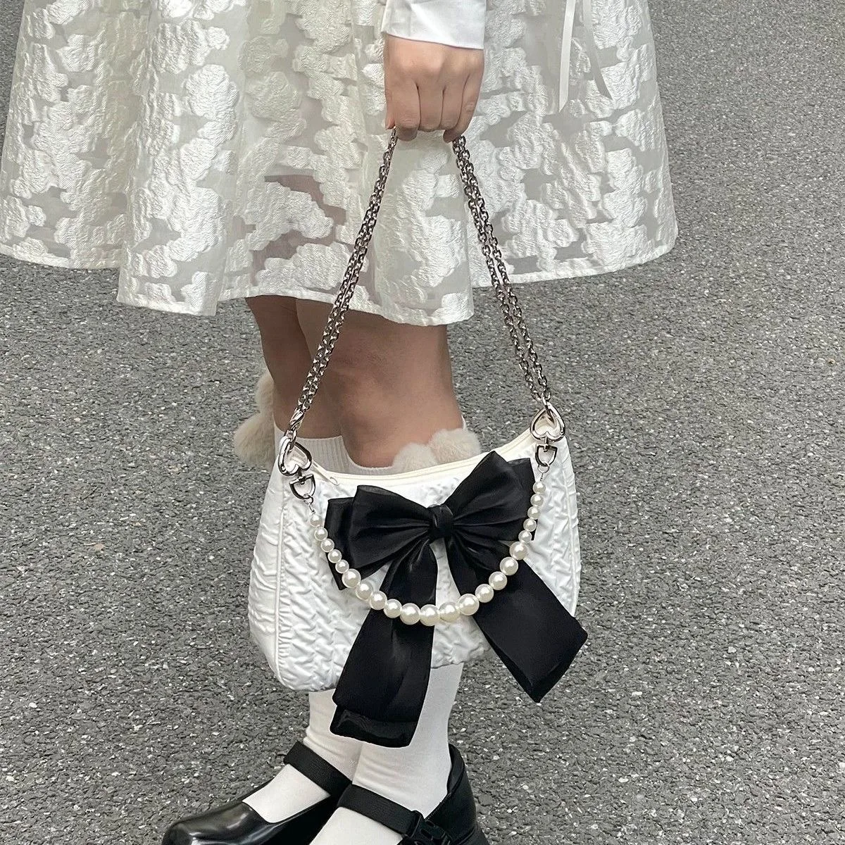 Faux Pearl Chain Women's Shoulder Crossbody Bag Female Soft Nylon Purse Small Tote Handbags Vintage Bowknot Girls Underarm Bags