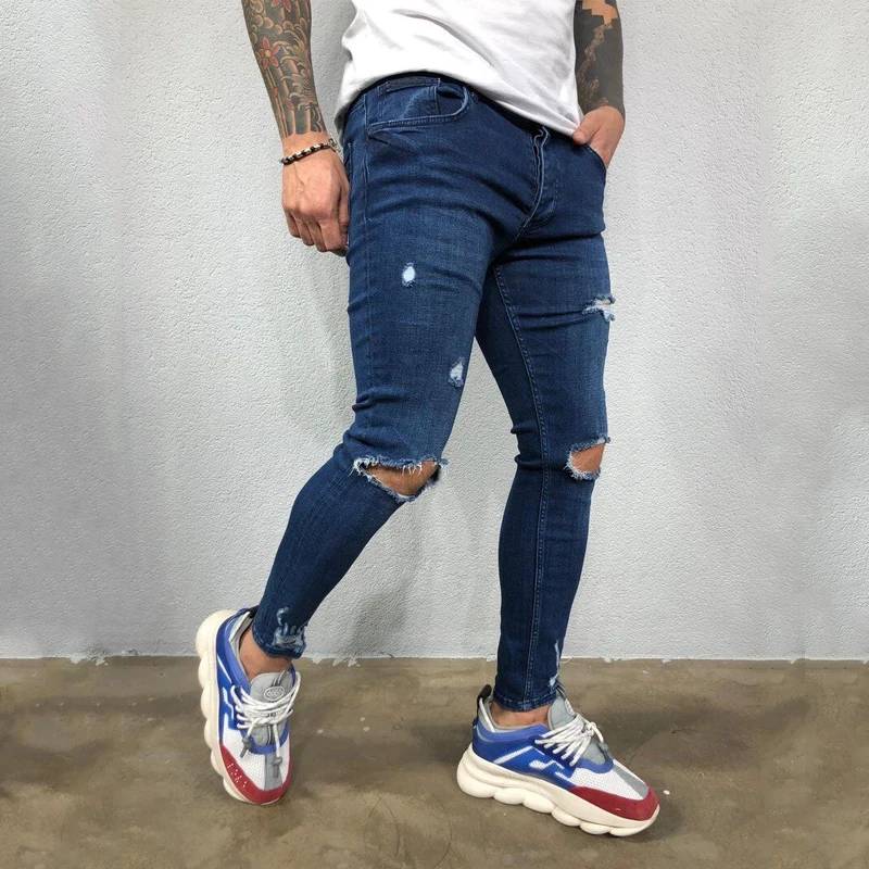 High quality street men's European and American men's ripped elastic skinny jeans torn trousers youth student casual trend pants