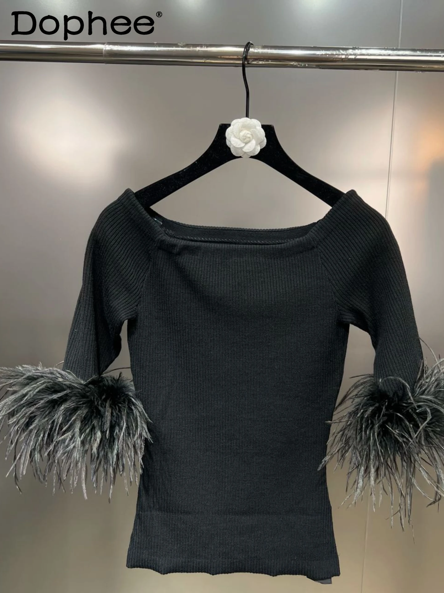 

Temperament Square Collar Sexy Off-Shoulder Feather Sleeve Black Knitted T-shirt for Women 2022 New Autumn Slim Fit Sweater Top