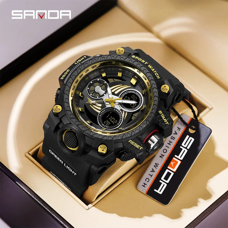 

SANDA Dual DisplayMen Watch Sport Alarm Chronograph Date Quartz Original 50m Waterproof Diver Men LED Electronic Watches 3155