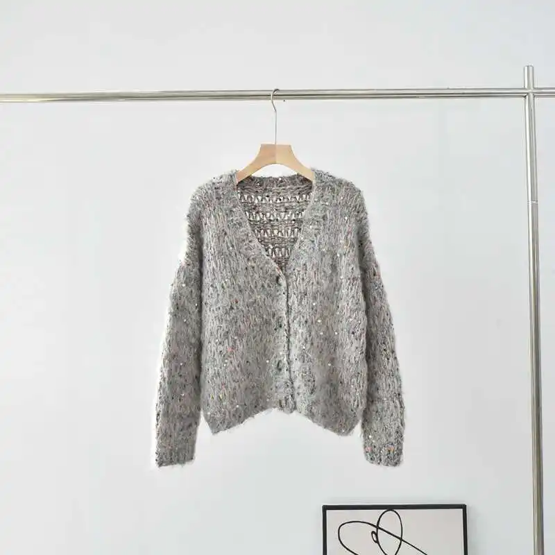 

New Autumn and Winter Mohair Cardigan V-neck Sequin Thick Needle Long-sleeved Knitted Jacket Women Sweater