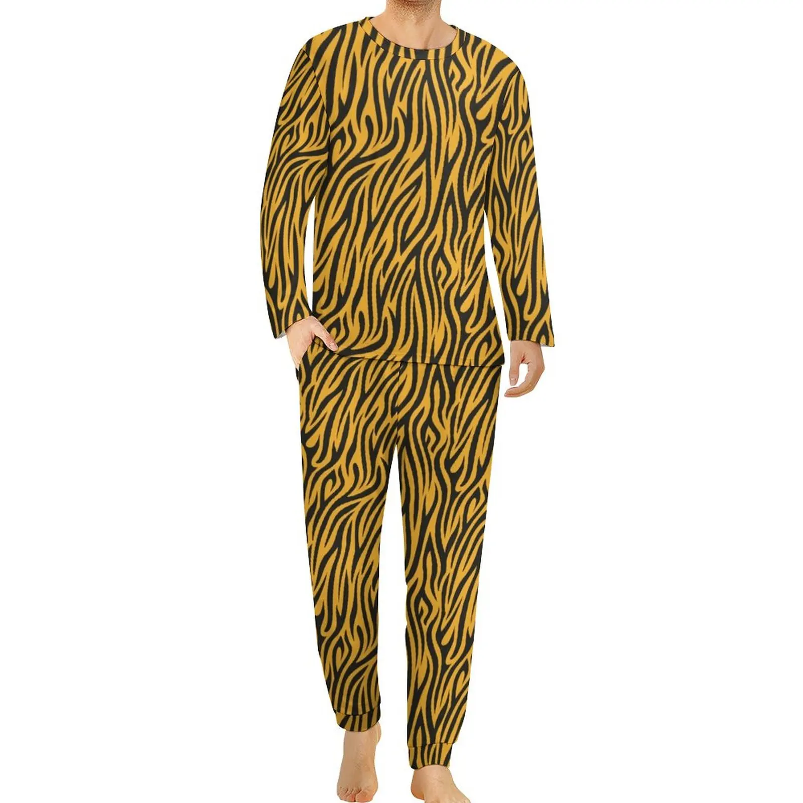 Tiger Print Design Pajamas Gold Stripes Men Long Sleeve Kawaii Pajama Sets Two Piece Bedroom Autumn Custom Sleepwear Gift Idea