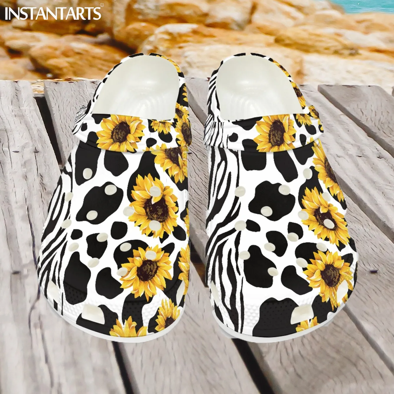 

Женские сандалии без шнуровки INSTANTARTS, удобные роскошные мягкие босоножки с принтом подсолнуха, зебры, молока, повседневная обувь для сада, к...