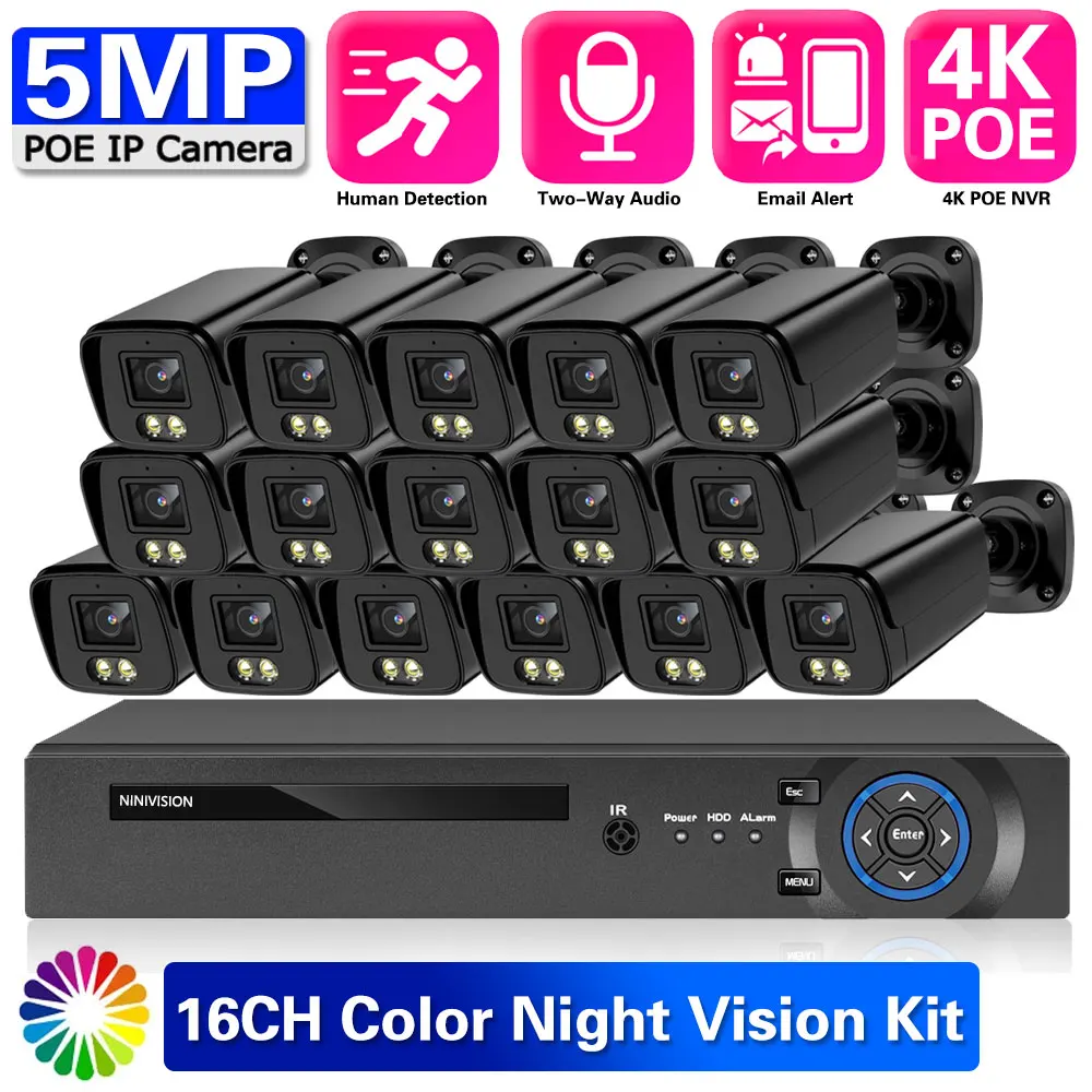 

CCTV IP Security Camera System 16CH 5MP POE NVR Kit Outdoor Waterproof Color Night Vision NVR Camera Video Surveillance Set 4K