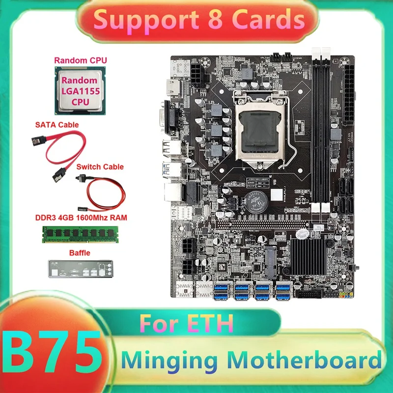 B75 8USB ETH Mining Motherboard+CPU+DDR3 4GB 1600Mhz RAM+Switch Cable+SATA Cable+Baffle B75 BTC Miner Motherboard