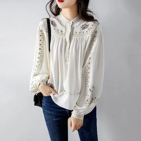Женская шикарная винтажная шифоновая блузка с воротником-стойкой и цветочной вышивкой