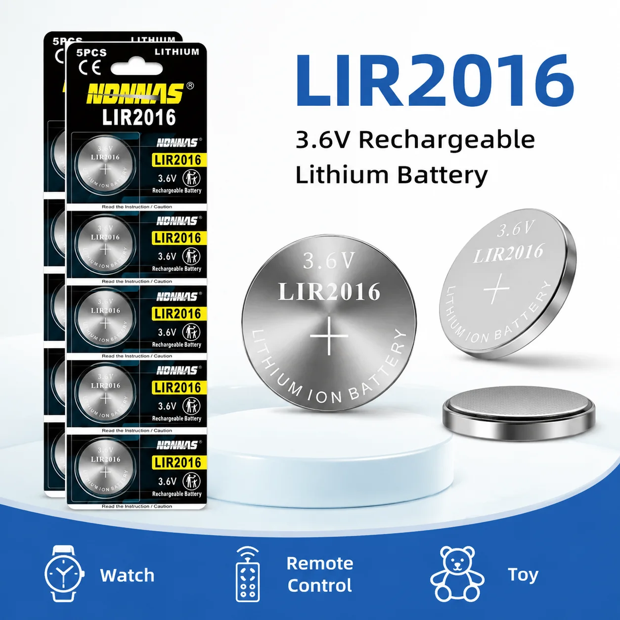 Фото Аккумулятор литий-ионный LIR2016 3.6V для часов, пультов ДУ, игрушек, замена кнопочных батареек CR2016 LM2016 2016 №1